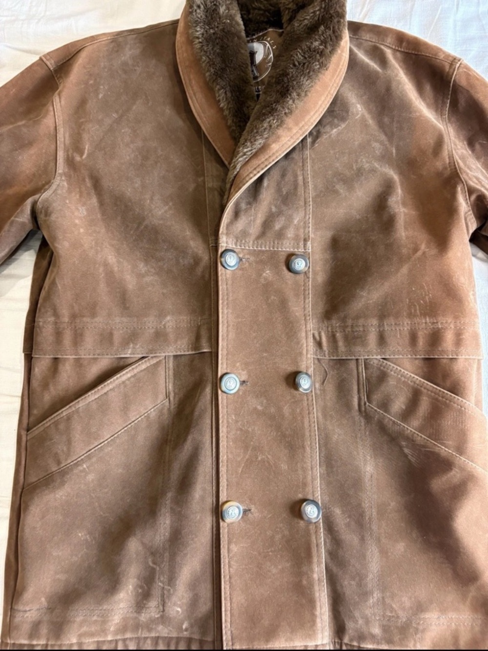 T. Shearling Men’s XL Brown Overcoat Button Shawl Collar Lined Pockets Mid - Picture 2 of 9